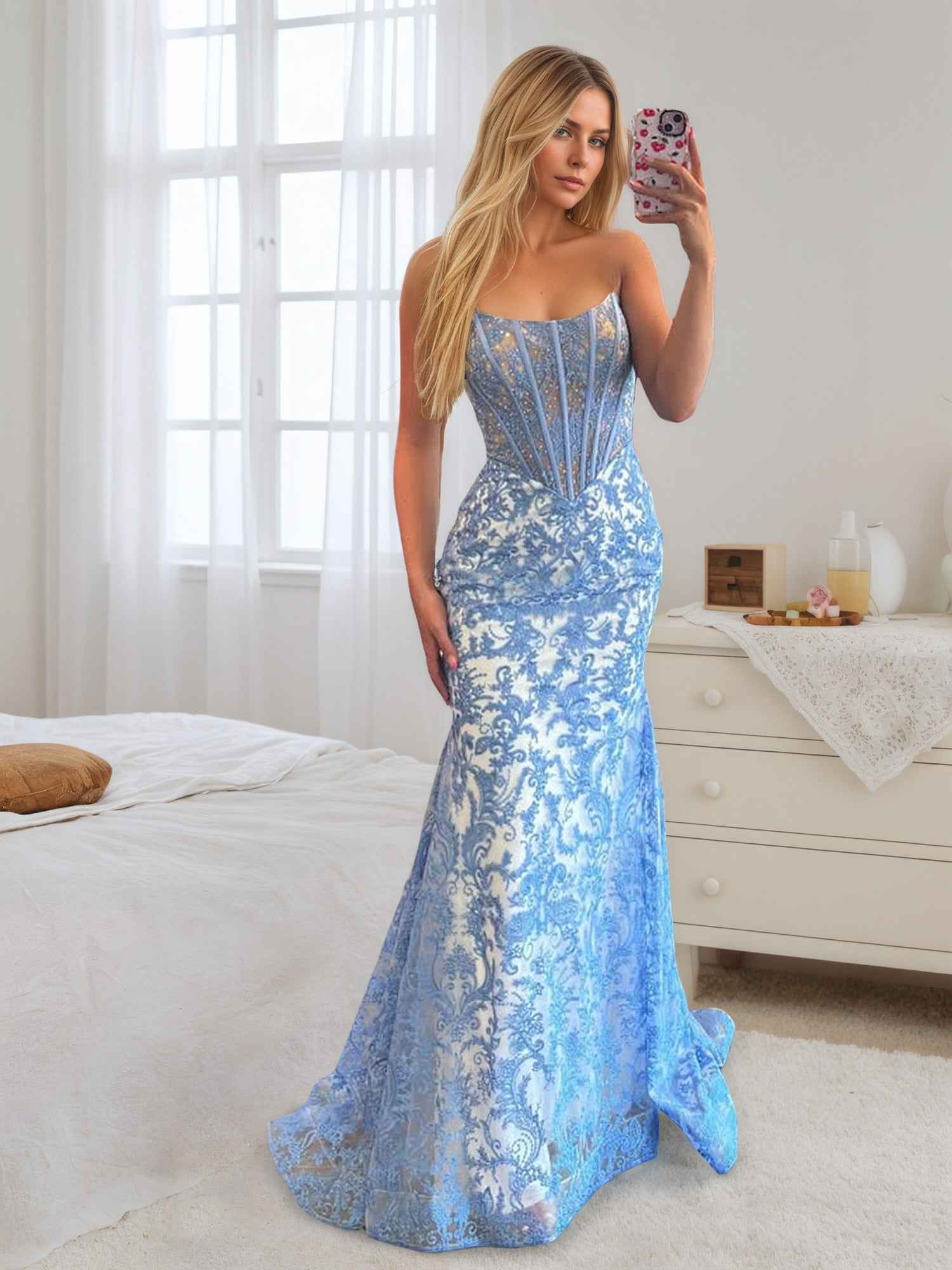 Light Blue Satin Pearl Beaded Corset Strapless Prom Dress