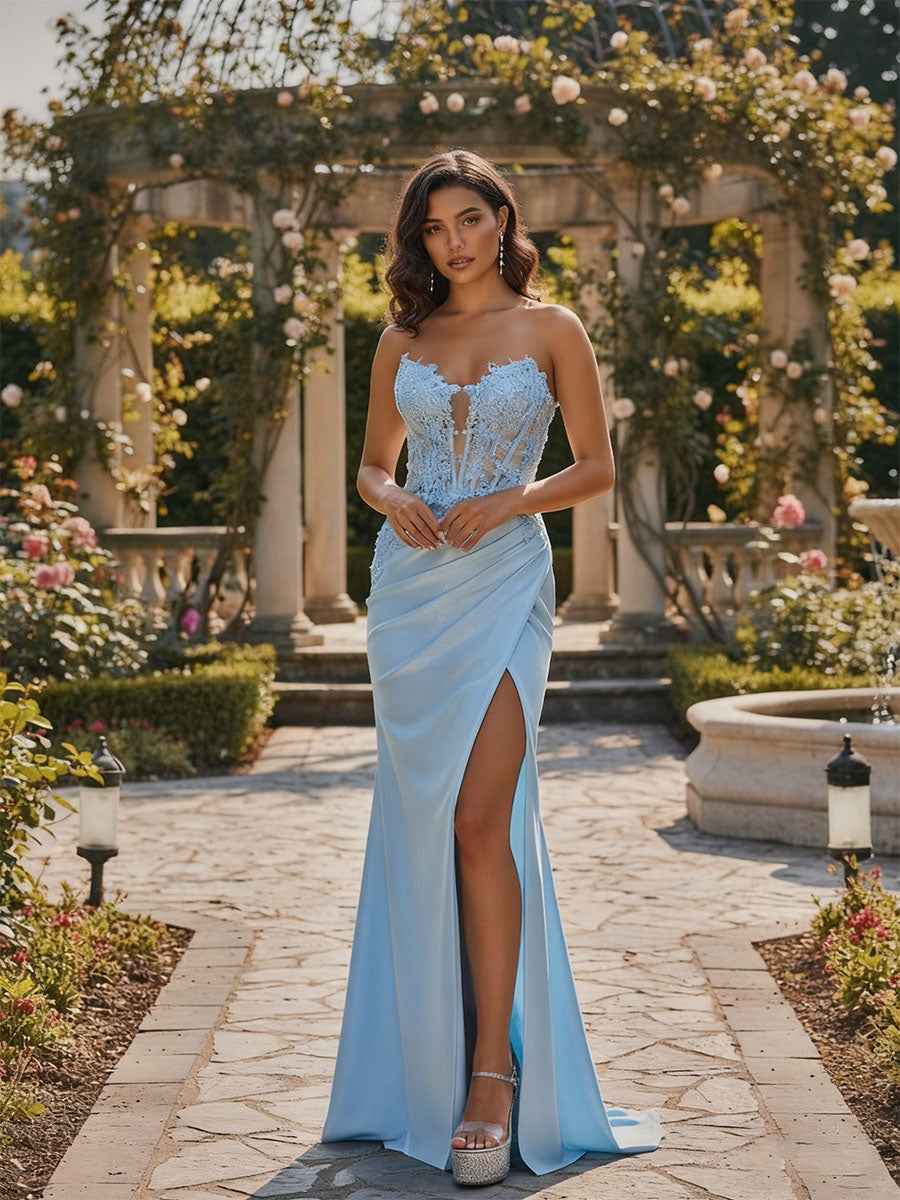 Powder Blue Satin Strapless Floral Lace Corset Prom Dress With Slit