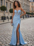 Powder Blue Satin Strapless Floral Lace Corset Prom Dress With Slit