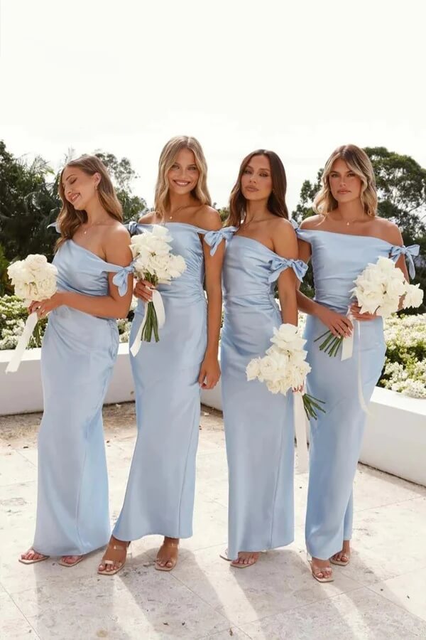 Light Blue Sheath Off-the-Shoulder Pleated Satin Bridesmaid Dresses