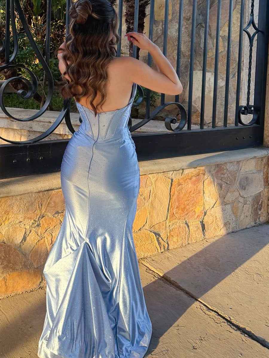 Icy Blue Heavy Crystal Neckline Corset Prom Dress High Slit
