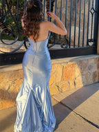 Icy Blue Heavy Crystal Neckline Corset Prom Dress High Slit