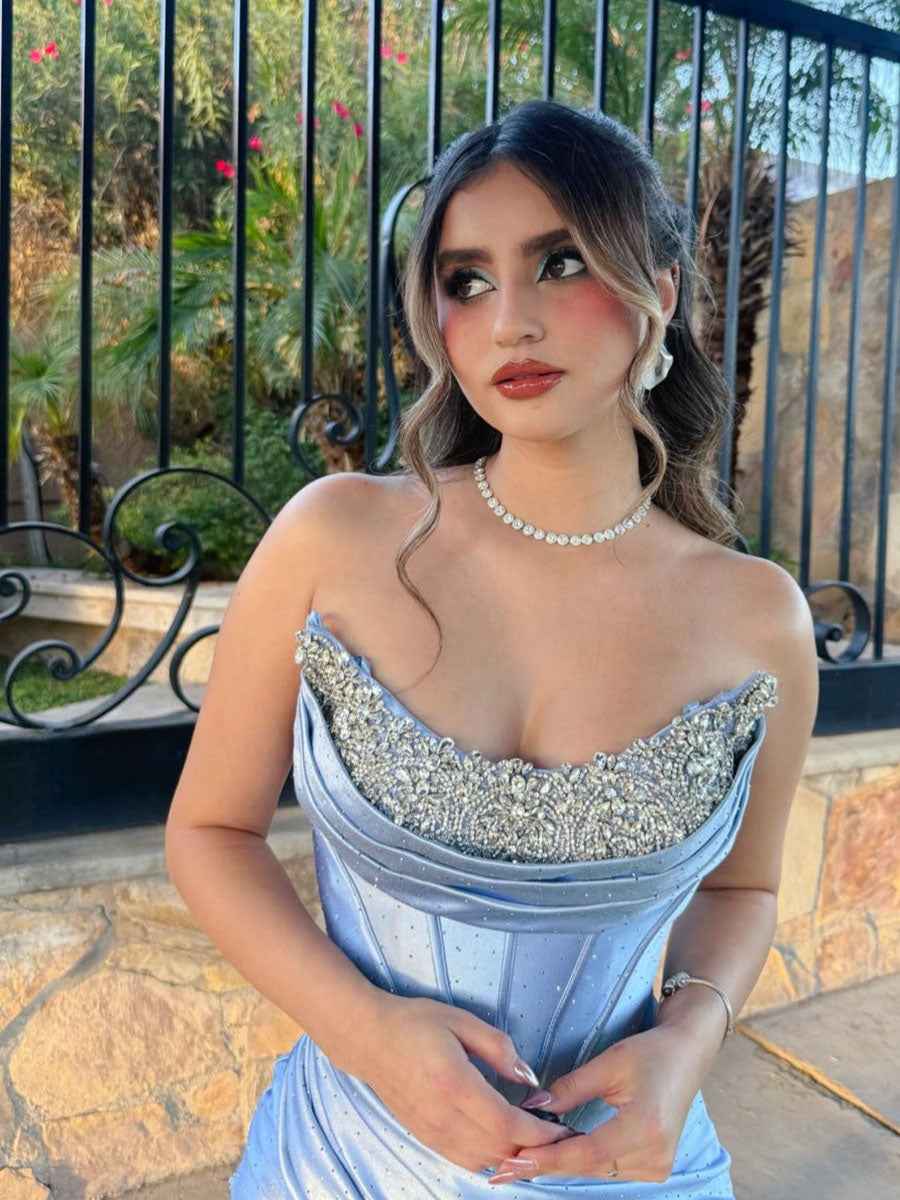 Icy Blue Heavy Crystal Neckline Corset Prom Dress High Slit