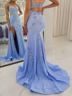 Light Blue Beaded Corset Prom Dress With Spaghetti Straps And Slit