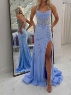 Light Blue Beaded Corset Prom Dress With Spaghetti Straps And Slit