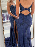 Light Blue Beaded Corset Prom Dress With Spaghetti Straps And Slit