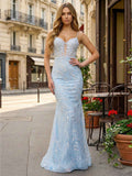 Light Blue Spaghetti Straps Floral Appliques Corset Mermaid Prom Dress
