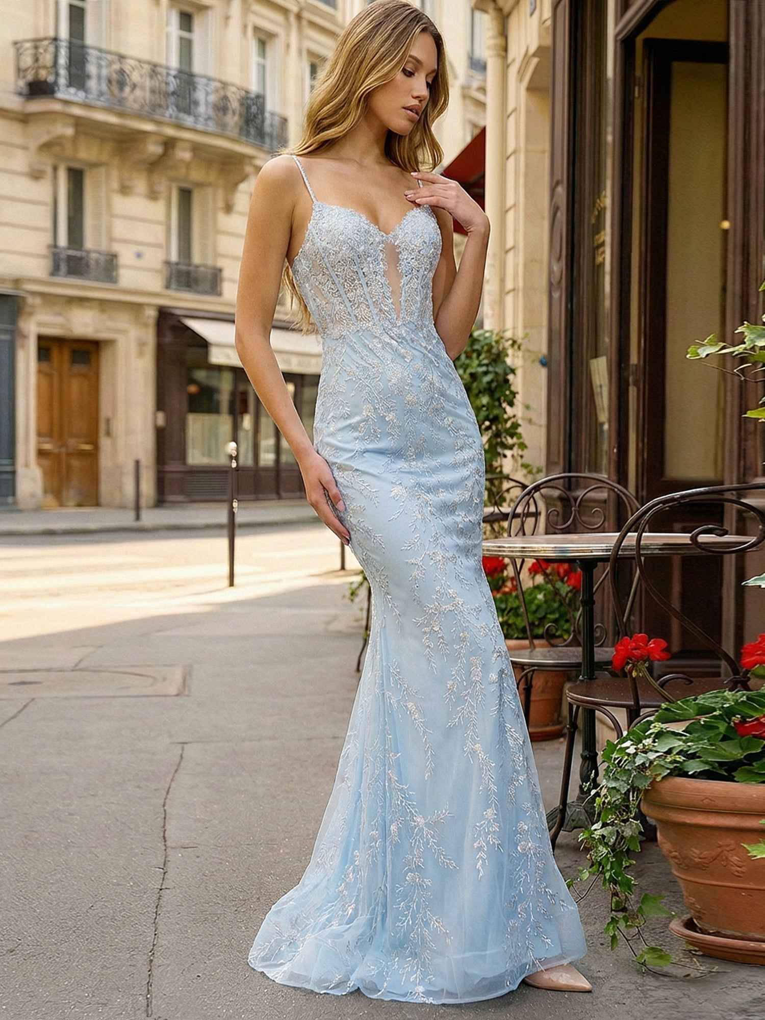 Light Blue Spaghetti Straps Floral Appliques Corset Mermaid Prom Dress