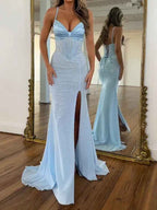 Icy Blue Glitter Lace Up Corset Prom Dress With Slit