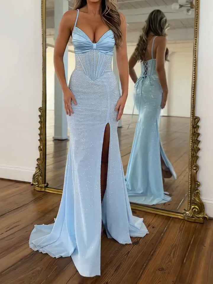 Icy Blue Glitter Lace Up Corset Prom Dress With Slit