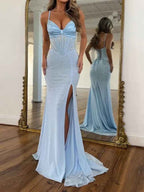 Icy Blue Glitter Lace Up Corset Prom Dress With Slit