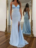 Icy Blue Glitter Lace Up Corset Prom Dress With Slit