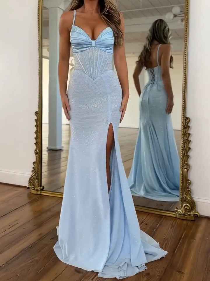 Icy Blue Glitter Lace Up Corset Prom Dress With Slit