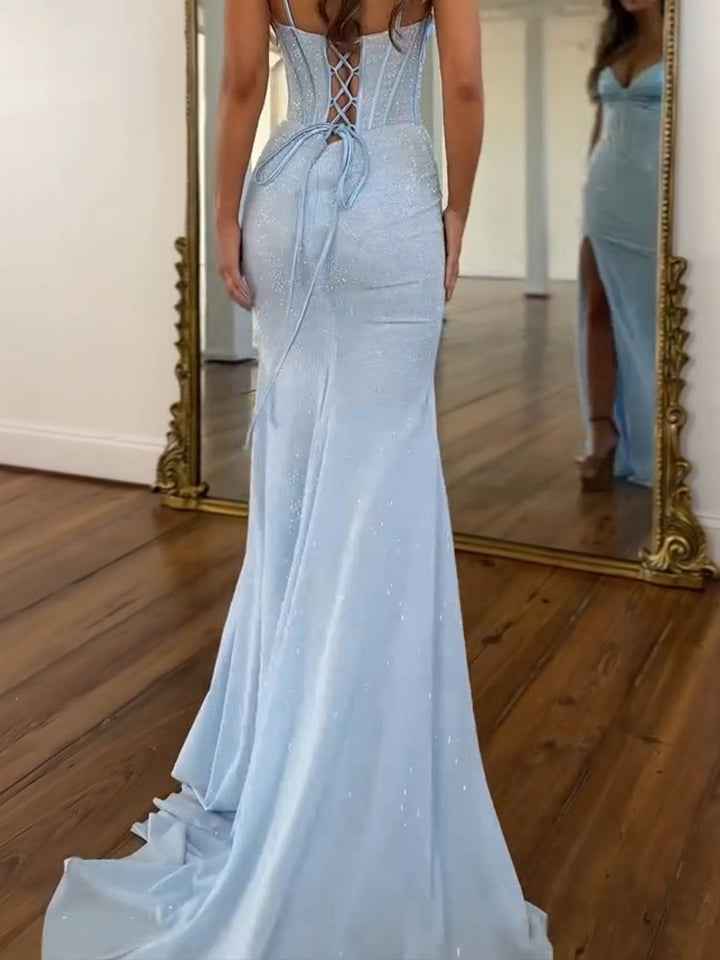 Icy Blue Glitter Lace Up Corset Prom Dress With Slit