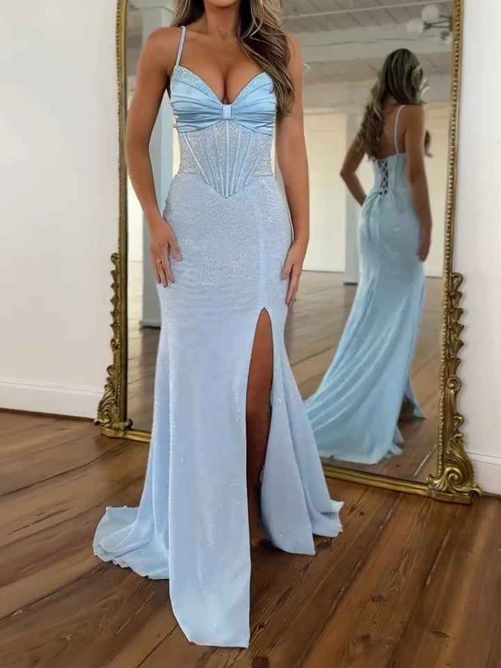 Icy Blue Glitter Lace Up Corset Prom Dress With Slit