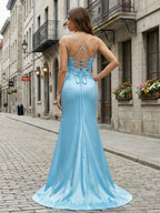 Light Blue Satin Cutout Spaghetti Strap Long Prom Dress With Bow