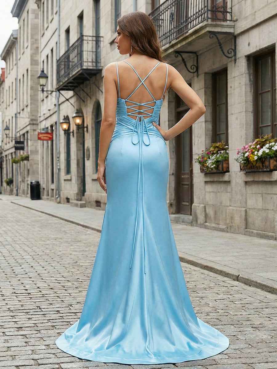 Light Blue Satin Cutout Spaghetti Strap Long Prom Dress With Bow