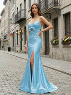 Light Blue Satin Cutout Spaghetti Strap Long Prom Dress With Bow
