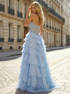 Light Blue Strapless A Line Corset Prom Dress With Tiered Ruffle Skirt
