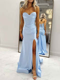 Light Blue Beaded Corset Satin Prom Dress With Slit