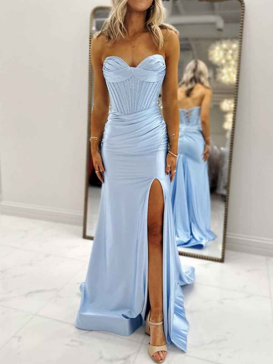 Light Blue Beaded Corset Satin Prom Dress With Slit