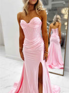 Light Blue Beaded Corset Satin Prom Dress With Slit