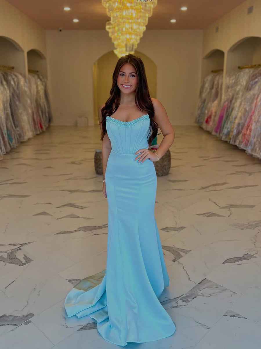 Light Blue Strapless Corset Mermaid Prom Gown With Beaded Trim