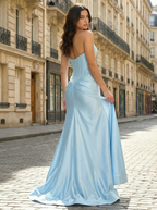 Light Blue Strapless Lace Corset Satin Prom Dress