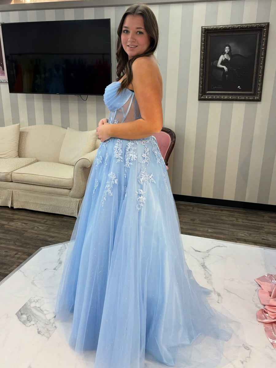 Light Blue Strapless Lace Applique Sheer Corset Ballgown