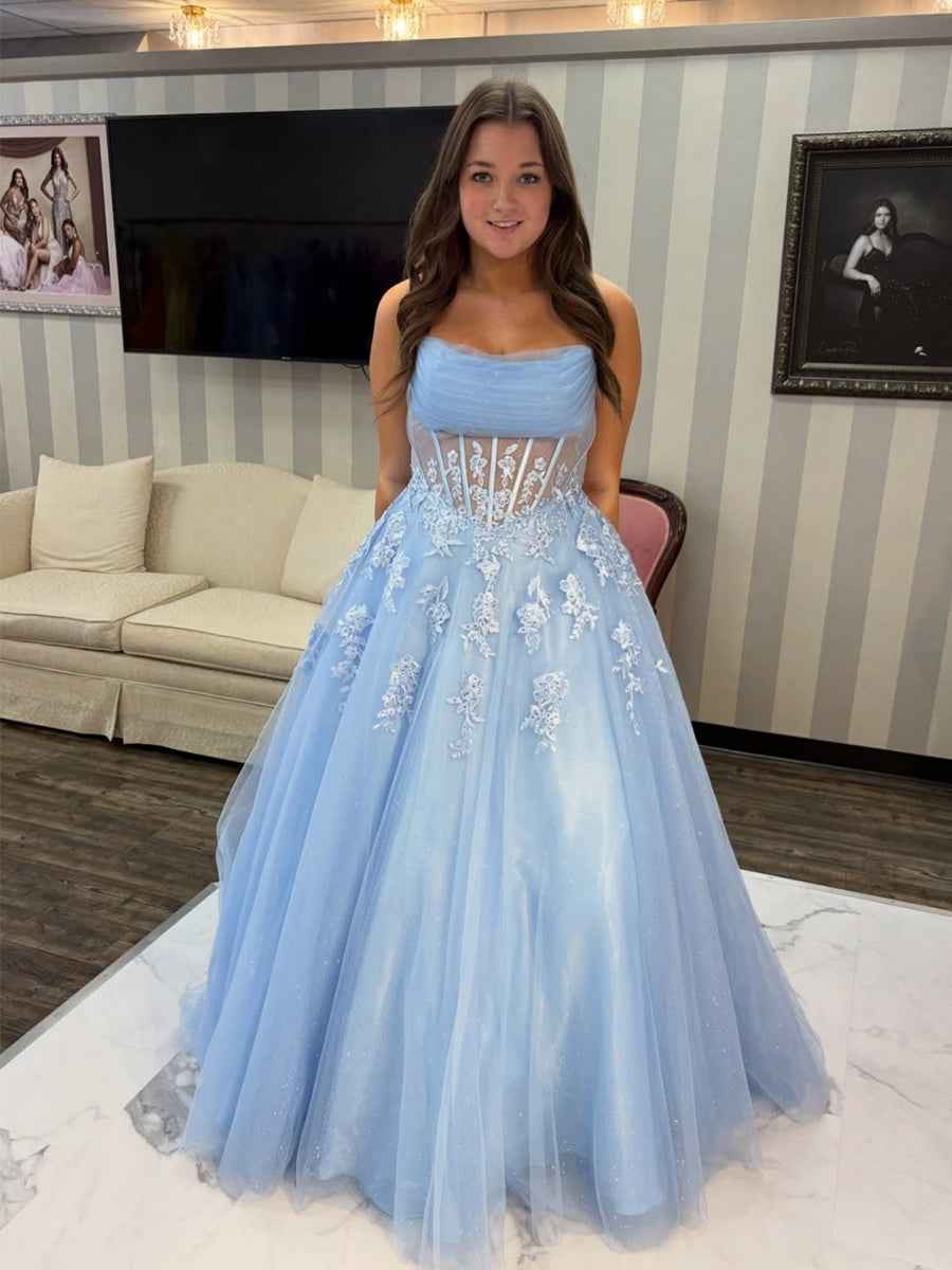Light Blue Strapless Lace Applique Sheer Corset Ballgown
