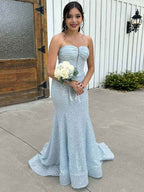 Light Blue Strapless Mermaid Prom Dress With Crystal Beading