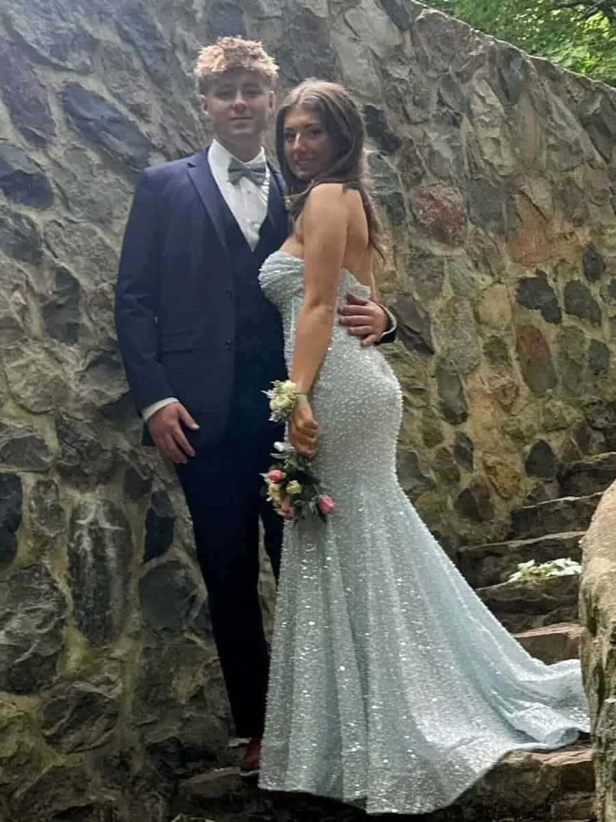 Light Blue Strapless Mermaid Prom Dress With Crystal Beading