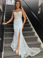 Light Blue Strapless Pearl Beaded Corset Prom Dress With Sheer Bodice
