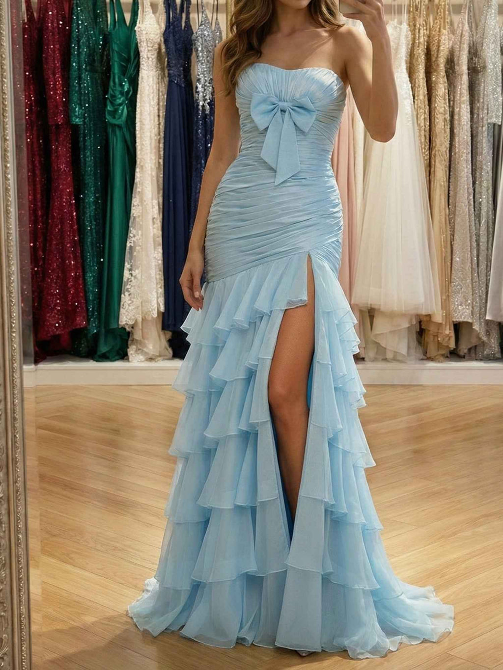 Light Blue Strapless Mermaid Long Prom Dress With Ruffle Bow