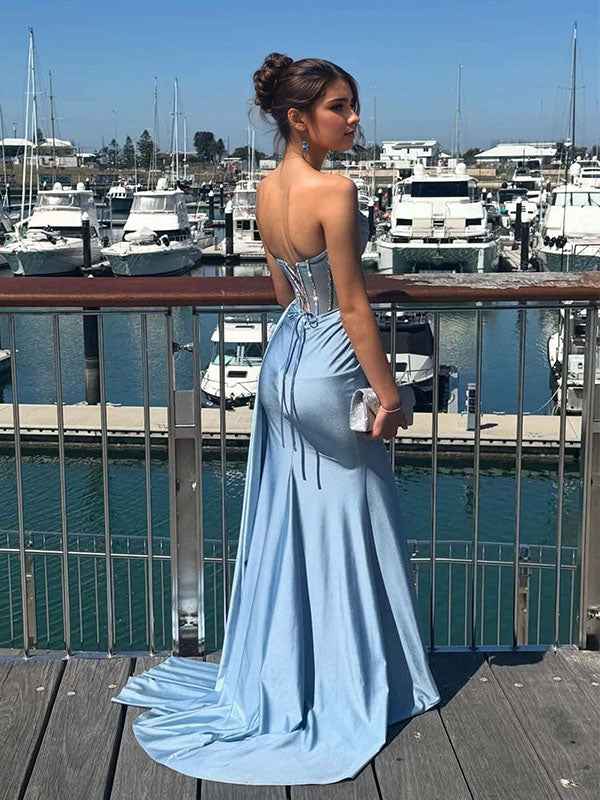 Light Blue Strapless Satin Corset Long Prom Dress With Slit