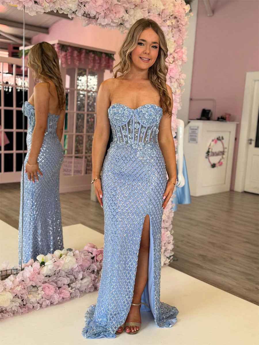 Light Blue Strapless Sequin Lattice Corset Prom Dress With 3D Flowers