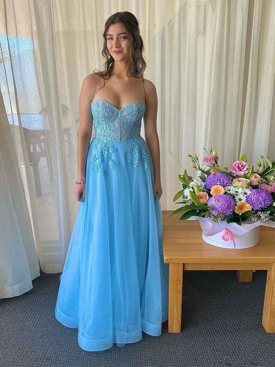 Light Blue Strapless Tulle Prom Dress With Floral Lace Appliques