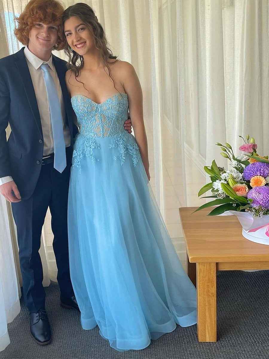 Light Blue Strapless Tulle Prom Dress With Floral Lace Appliques