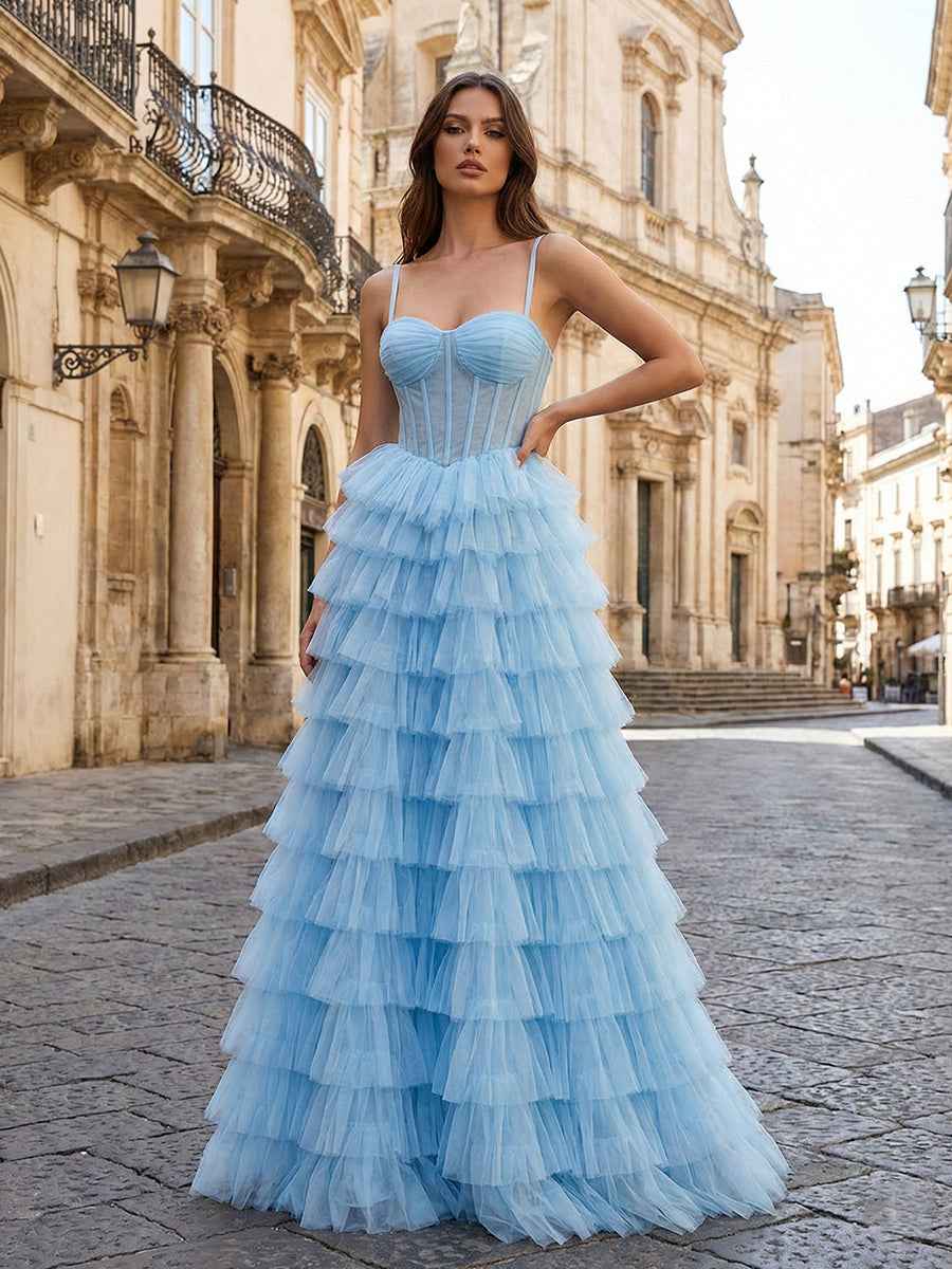 Light Blue Prom Dress A Line Tiered Tulle Corset Bodice Sweetheart Neckline