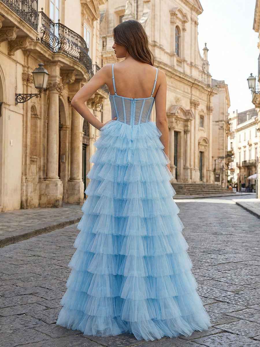 Light Blue Prom Dress A Line Tiered Tulle Corset Bodice Sweetheart Neckline
