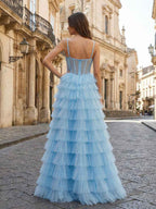 Light Blue Prom Dress A Line Tiered Tulle Corset Bodice Sweetheart Neckline