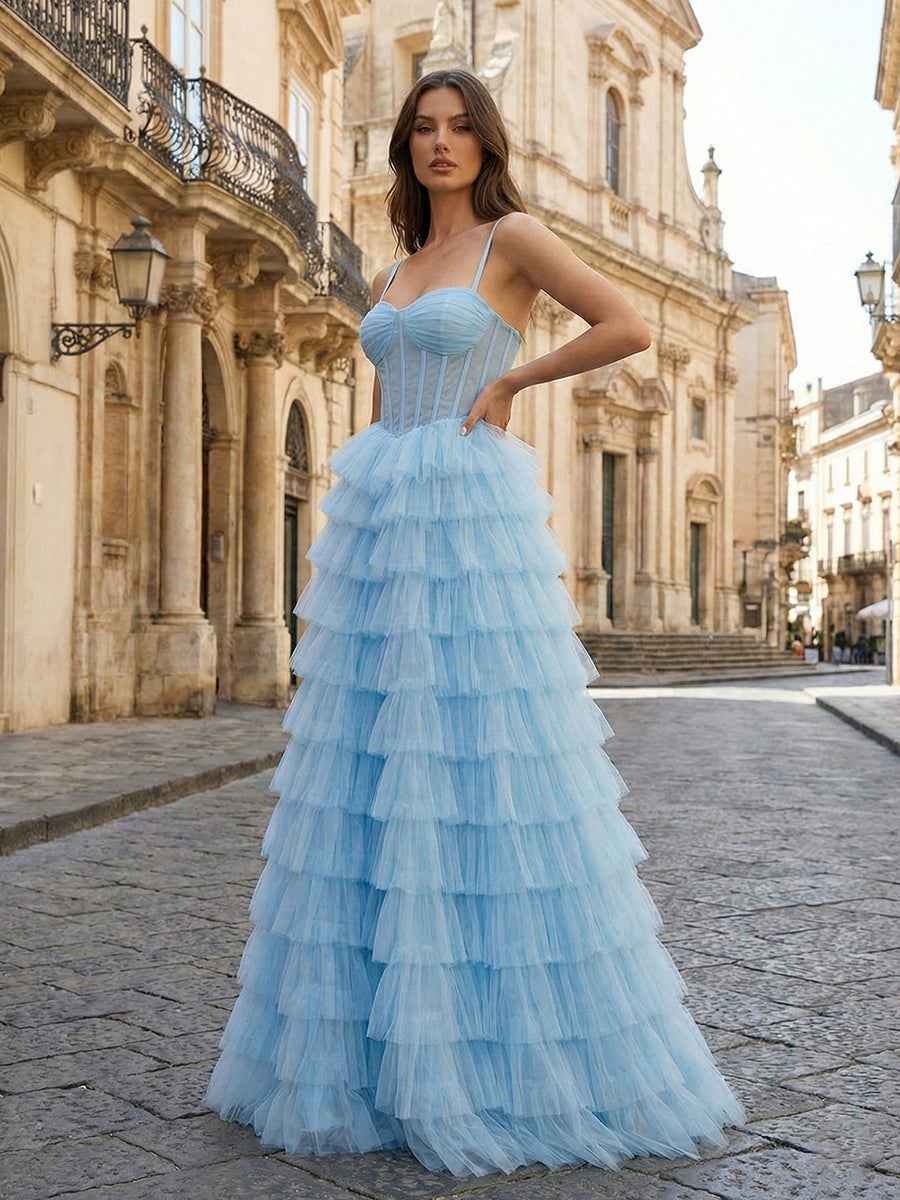 Light Blue Prom Dress A Line Tiered Tulle Corset Bodice Sweetheart Neckline