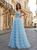 Light Blue Prom Dress A Line Tiered Tulle Corset Bodice Sweetheart Neckline