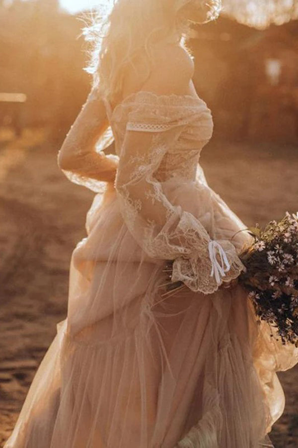 Hellbraunes Langarm-Boho-Brautkleid Rustikales Hochzeitskleid