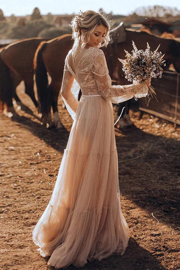 Hellbraunes Langarm-Boho-Brautkleid Rustikales Hochzeitskleid