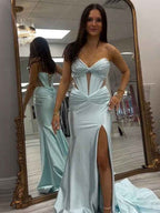 Icy Blue Satin Strapless Prom Dress With Sweetheart Necklace