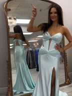 Icy Blue Satin Strapless Prom Dress With Sweetheart Necklace