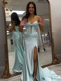 Icy Blue Satin Strapless Prom Dress With Sweetheart Necklace