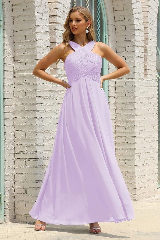 Vestido de Dama de Honra Halter em Chiffon para Mulher, Modelo A-Line, Longo, Formal, para Baile de Finalistas SEA28015
