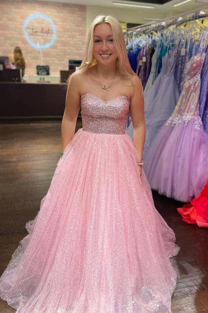 Vestido de fiesta largo de tul brillante sin tirantes, corte A, rosa claro, largo hasta el suelo, PSK411